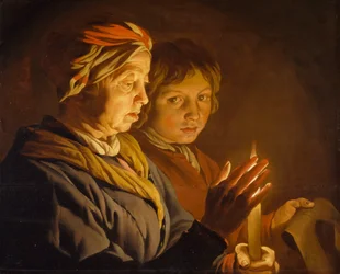 Gammel kvinne og en gutt ved levende lys, 1630-1650