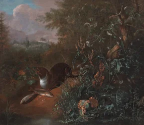 Et skogsstilleben med en oter og to fisker, ca. 1650–1700 (olje på lerret)