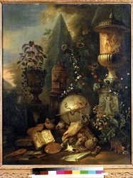 Vanitas, stilleben med en vase (Vanitas, stilleben med en vase). Maleri av Matthias Withoos (1627-1703). Olje på lerret, 83 x 67 cm. 1600-talls nederlandsk kunst. Pushkin Museum of Fine Arts, Moskva.