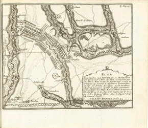 Slag ved Ramillies, 1706 Plan over byslottet og fortet i Huy beleiret av Armies of S.A.E. de Baviere & du Marechal de Villeroy le 26. mai 1705 (tittel på objekt)