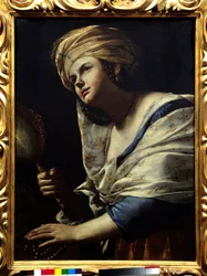 Vanite Woman with Turban and Mirror - Maleri av Mattia Preti (1613-1699) Firenze fra 1600-tallet, Uffizi-galleriet