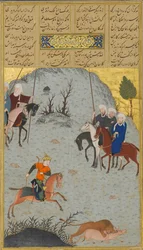 Bahram Gur on the Chase, Folio 10r fra en Haft Paikar Seven Portraits..., av Nizami, ca. 1430.