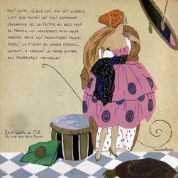 Kvinne foran speilet hennes, reklame for Revillon-pelsverk, ca. 1920-1930 (illustrasjon)