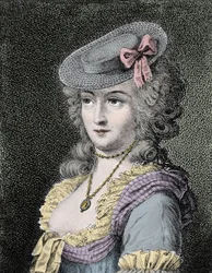 Louise d'epinay - Portrett av Louise Tardieu d'Eslavelles av La Louise d'Epinay (1726-1783) fransk kvinne med bokstaver. Gravering av Bonvoisin etter La Tour (1700-tallet).