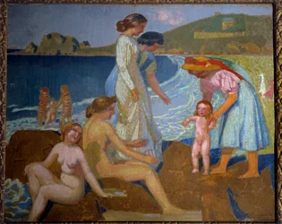 Badende ved Perros Guirec (Perros-Guirec) 1900-tallet (olje på lerret)