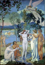 Historien om Psyche (Panel 1: Eros truffet av skjønnheten til Psyche). Maleri av Maurice Denis (1870-1943)