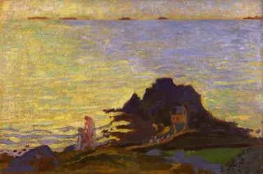 Mor og barn over et steinete utspring (olje på kort)