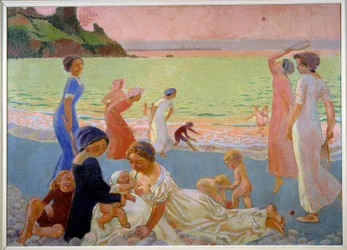 Septemberkveld Unge kvinner og barn på stranden på slutten av dagen, mor ammer, andre leker truger, 1911 (olje på lerret)
