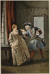 Manon og broren hennes - i "History of Manon Lescaut and the Chevalier Des Grieux" av Abbe Prevost (1697-1763), fransk forfatter. Gravering etter tegninger av Maurice Leloir (1885).