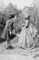 Møte mellom unge Jean-Jacques Rousseau og fremtidige nære venn Madame de Warens, 21. mars 1728 (gravering)