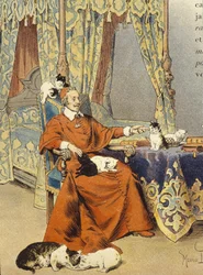 Kardinalen leker med kattene sine han elsket spesielt - i "" Richelieu"" av Maurice Leloir, deb. Det 20. århundre
