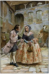 Det første møtet - i «Historien om Manon Lescaut og chevalier Des Grieux» av abbé Prévost (1697-1763), fransk forfatter. Stikk etter tegninger av Maurice Leloir (1885).
