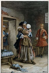 Besøk på sykehuset - i "Historien om Manon Lescaut og Chevalier Des Grieux"" av Abbe Prevost (1697-1763), fransk forfatter. Gravering etter tegninger av Maurice Leloir (1885).