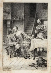 i "History of Manon Lescaut and the Chevalier Des Grieux" av Abbe Prevost (1697-1763), fransk forfatter. Gravering etter tegninger av Maurice Leloir (1885).