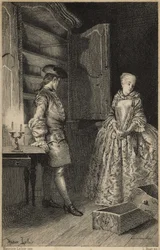 Oppdagelsen av tyveriet - i «Histoire de Manon Lescaut et du chevalier Des Grieux» av Abbé Prévost (1697-1763), fransk forfatter. Gravering etter tegninger av Maurice Leloir (1885).