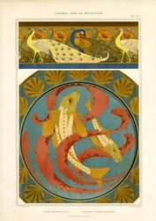 Dekorativ bord med fisk og påfugler i cloisonné-stil