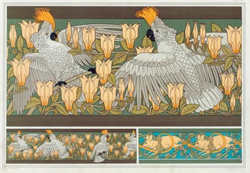 Utforming for tapetbord med kakadue og magnolia, utgitt 1897