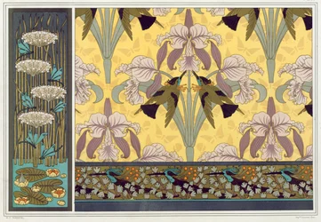 Design for tapetkant, stoff og panel: "Dragonflies; Waterlillies and Flowering Rush", Humming Birds and Orchids" og Humming Birds and Maiden Hair Fern" fra 'L'Animal dans la Decoration' av Maurice Pillard Verneuil, pub. 1897