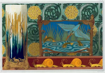 Design for bronsevasestøtte, tapet og kant, og emalje og bronse Jardiniere, pub. 1897.