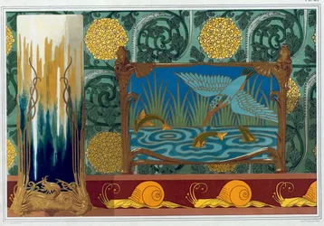 Design for bronsevasestøtte, tapet og kant, og emalje og bronse Jardiniere "Shrimp", "Snegler", øgler og hagtorn", "Kingfisher and Fish", fra "L
