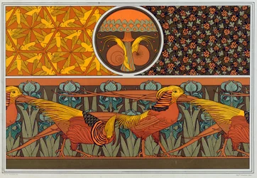 Design for tapetkant og stoff: Fugler, Marihøner og Maiden Hair Fern, pub. 1897.