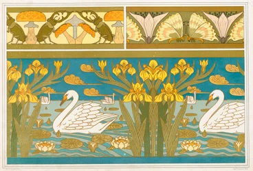 Design for tapetkanter med hjortbiller og sopp, pub. 1897.