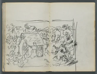 Skissebok, The Dells, nr. 127, side 154 og 155: Landskap med hus