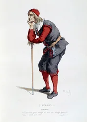 Kostyme til figuren Harpagon i stykket «Gjerrigknarken» av Molière (Jean-Baptiste Poquelin). Illustrasjon av Maurice Sand (1823-1889), 19. århundre, Paris, Comédie-Française