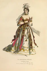 Kostyme til rollen som Prinsesse d#39;Elide, ca. 1868 (gravering)