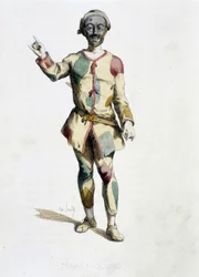 Harlekin (Arlecchino) fra «Masques et bouffons» (italiensk komedie), tekst og tegninger av Maurice Sand, trykk av A. Manceau, forord av Georges Sand