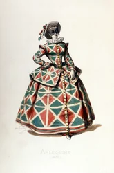 Harlekinkostyme og maske i 1855, kvinnelig Harlekinfigur i commedia dell