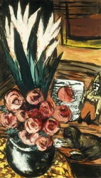Stilleben med røde roser og Butchy; Stillben mit Roten Rosen und Butchy