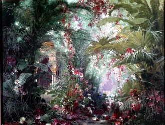 Dekor for Richard Wagners «Parsifal»-show: Klingsorhagen. Scenografi av Bruckner 1882. Wagner-museet, Bayreuth.
