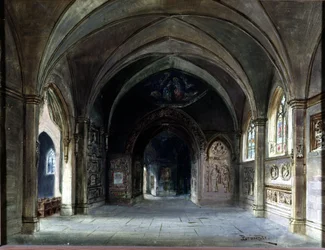 Dekorasjon for "" Die Meistersinger"" eller "" Les maitres singteurs de Nuremberg", opera av Richard Wagner. Scenografi av Bruckner, Act I. Wagner Museum Bayreuth.