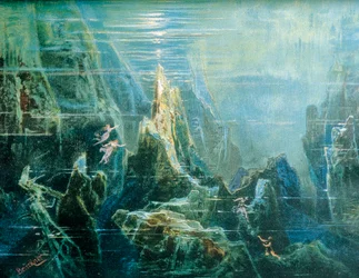 Tyskland, Bayreuth, scenografi til oppføringen av «Nibelungenringen - Rhinenes gull» av Richard Wagner, Rhindøtrene