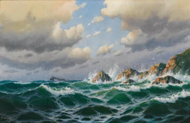 Dampbåt utenfor en stormfull kyst