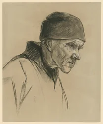 Gammel mann med lue (brystbilde, profil mot høyre), studie til: Gående bonde (1894)