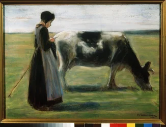""En ung jente med en ku"" (Girl with Cow) Pastellmaleri av Max Liebermann (1847-1935) Pushkin Museum, Moskva