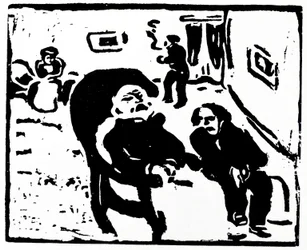 Tresnitt som viser folk som sitter i et loungeområde