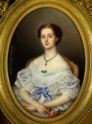 Portrett av kvinne med blått bånd Maleri av Maxime David (1800-tallet) 1858 Paris, Dekorativ kunst.