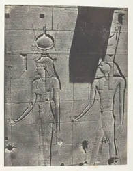 Kalabscheh, Skulpturer av tempelets bakfasade; Nubia, plate 92 fra albumet «Egypt, Nubia, Palestina og Syria» (1852)