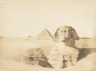 Utsikt over den store sfinksen og den store pyramiden til Menkazeh Mycerinus, desember 1849.