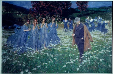 Reverie, en verden drømmeaktig landskap, en mann krysser et felt folk av avgifter. Maleri av Maximilian Lenz (1860-1948)