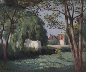 Landlig scene med tre hus og trær, ca. 1900