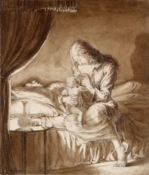 Nattscene - Kvinne mater barnet sitt, ca. 1900-tallet