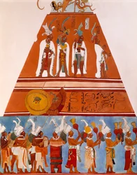 Fresker i Bonampak, Chiapas (Mexico). Detalj som viser en prosesjonsscene. Mayasivilisasjonen, 9. århundre.