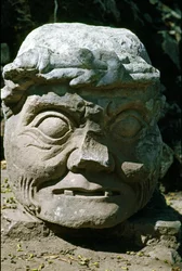 Steinskulptur av et gammelt mannhode kalt den gamle mannen fra Copán, tempel 11