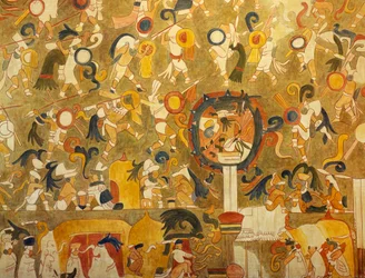 Rekonstruksjon av et mayamaleri fra Chichén Itzá (Yucatán, Mexico) som viser en kampscene. Maya-sivilisasjonen.
