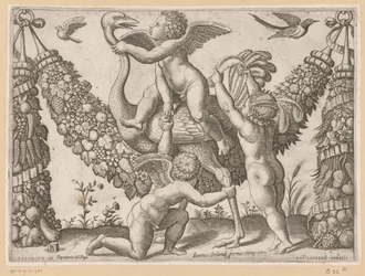 Tre putti og en struts Tapisserier av paven (serietittel) Tapezzerie de Papa (serietittel på objekt)