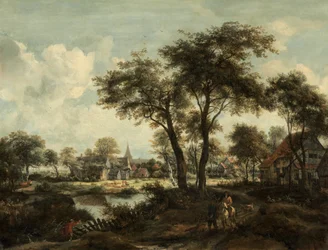 Landsby nær et basseng, ca. 1670.